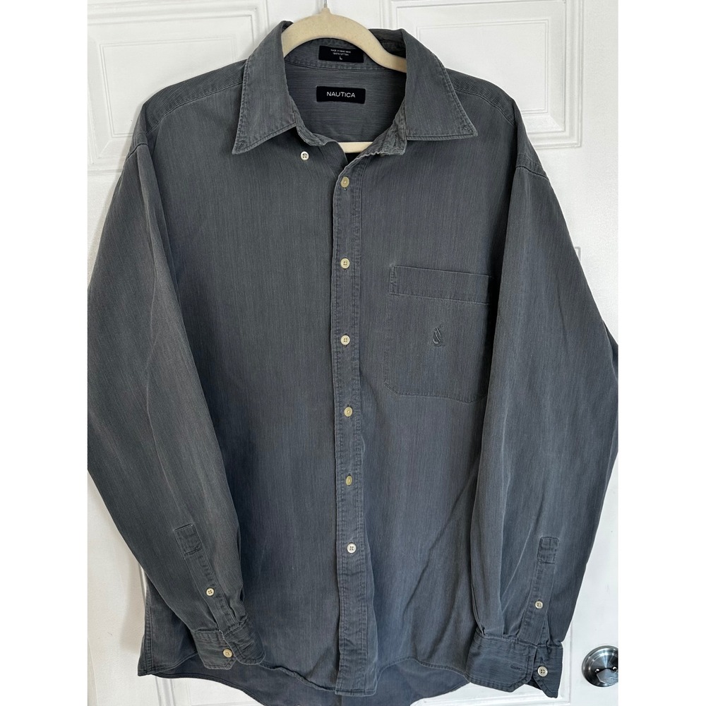 Nautica Mens Charcoal Grey Fine Wale Corduroy Long Sleeve Button Down Shirt L